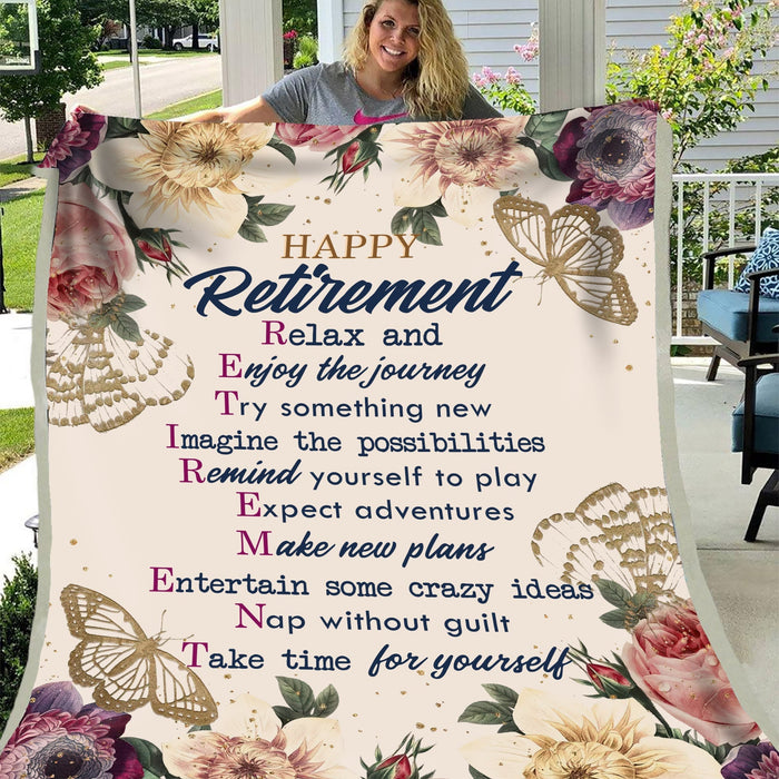 Retirement Blanket For Colleague Coworkers Flowers Butterflies Relax & Enjoy The Journey Retired Gifts For Women