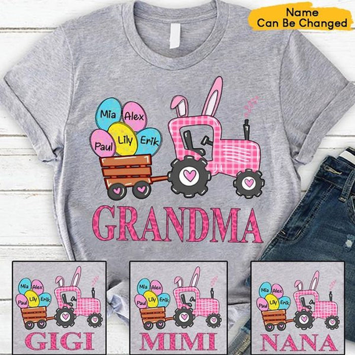 Personalized T-Shirt For Grandma Easter Tractor & Eggs Printed Custom Grandkids Name Bunny Truck Happy Easter Day Shirt