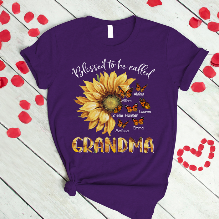 Personalized T-Shirt For Grandma Blessed To Be Called Grandma Sunflower & Butterfly Printed Custom Grandkids Name