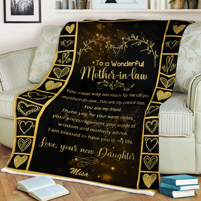 Personalized Blanket To A Wonderful Mother In Law Glitter Gold Heart Blanket For Mothers Day Custom Name