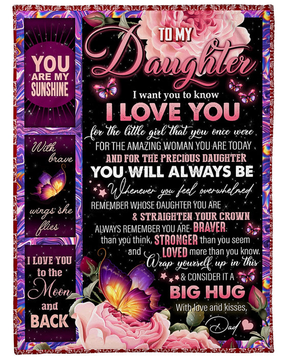 Personalized Blanket To My Daughter From Dad Big Hug Butterfly Print Vintage Design Galaxy Background Custom Name