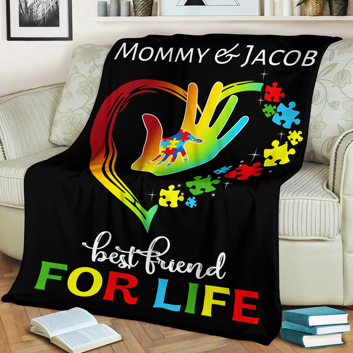 Personalized Blanket For Mom & Autism Kid Best Friend For Life Hand In Hand Colorful Puzzle Heart Printed Custom Name