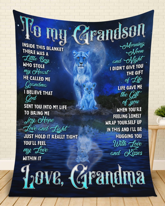 Personalized To My Grandson Blanket From Grandma Inside This Blanket There Was A Little Boy Old Lion & Baby Lion Printed