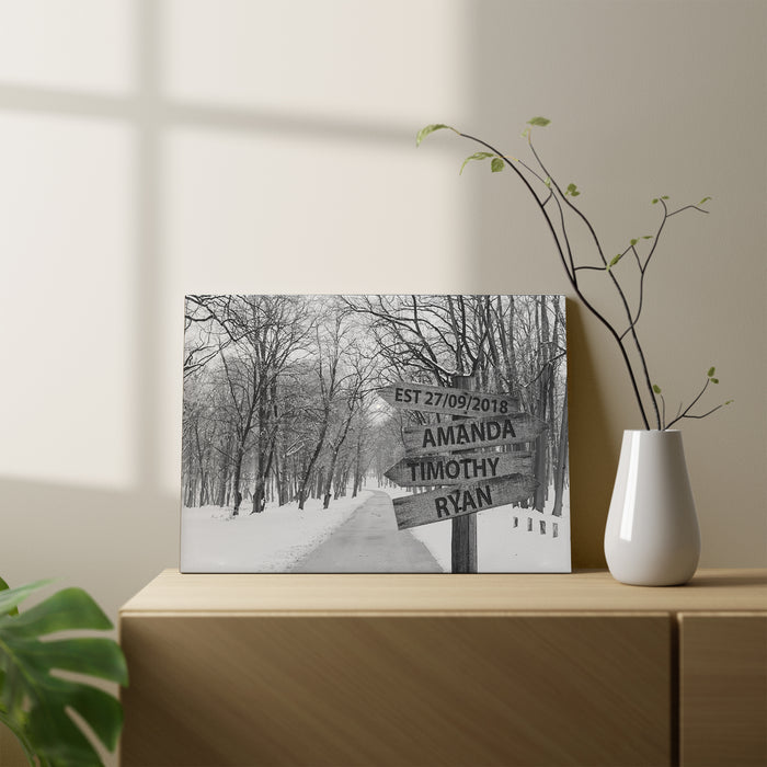 Personalized Wall Art Canvas For Family Black & White Winter Street Sign Est Year Poster Custom Multi Name & Date