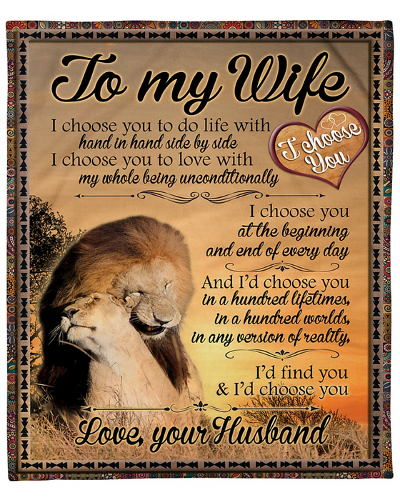 Personalized Vintage Fleece Blanket To My Wife I Choose You Romantic Lion Couple Sherpa Blanket Customized Name