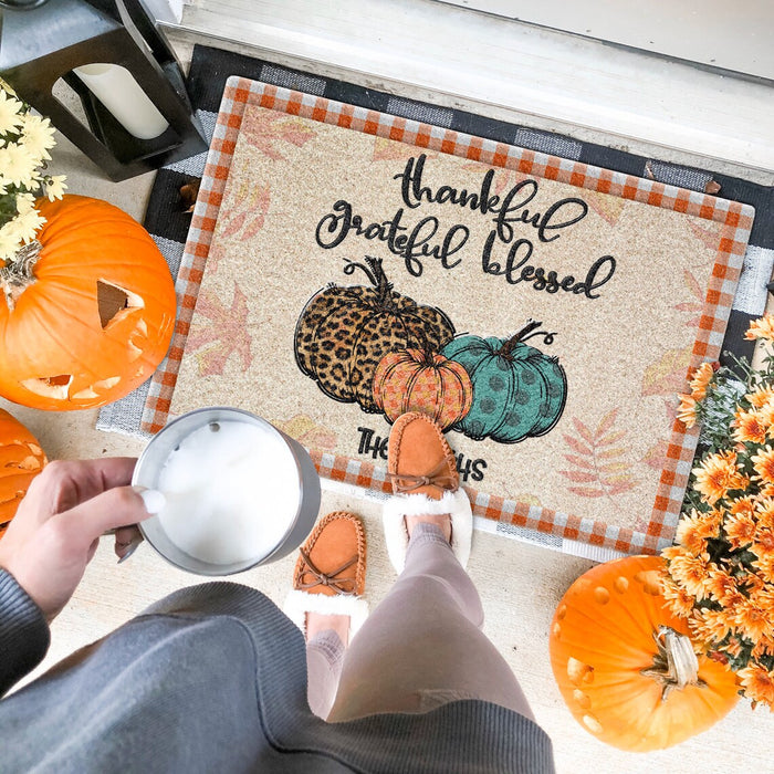Personalized Welcome Doormat Thankful Grateful Blessed Pumpkin Printed Leopard Plaid Polka Dot Design Custom Family Name