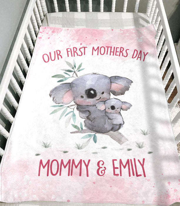 Personalized Premium Pink Blanket For New Mom Our First Mother'S Day Mommy & Daughter Cute Koala Bear Custom Name