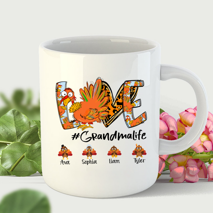 Personalized Coffee Mug Gifts For Grandma Leopard Heart Turkey Love Life Custom Grandkids Name Thanksgiving White Cup