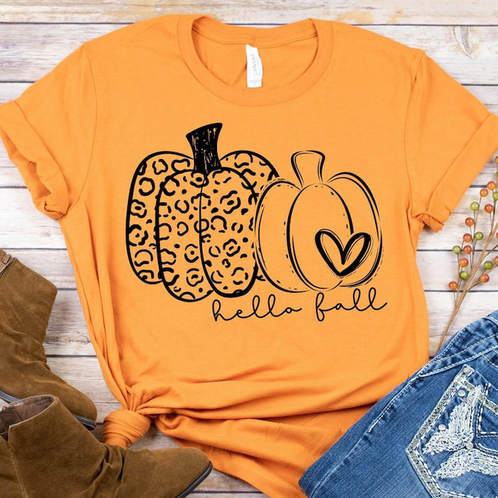 Classic T-Shirt For Women Cute Pumpkin Printed Leopard Hello Fall Autumn Shirt Thanksgiving Shirts