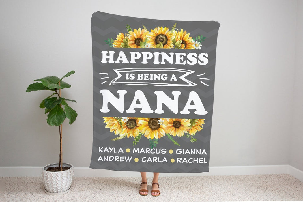 Personalized Blanket For Grandma Happiness Is Being A Nana Sunflower Printed Custom Grandkids Name