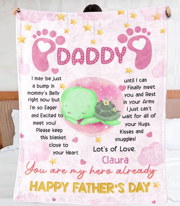 Personalized Fleece Sherpa Blanket From Baby Girl To Expecting Dad Cute Turtle I Just Can't Wait For First Father's Day