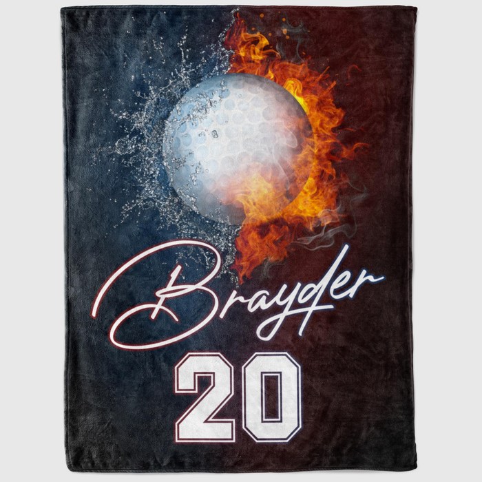 Personalized Blanket For Golf Lovers 3D Ball In Fire & Water Custom Name & Number Blanket For Team Fans Players