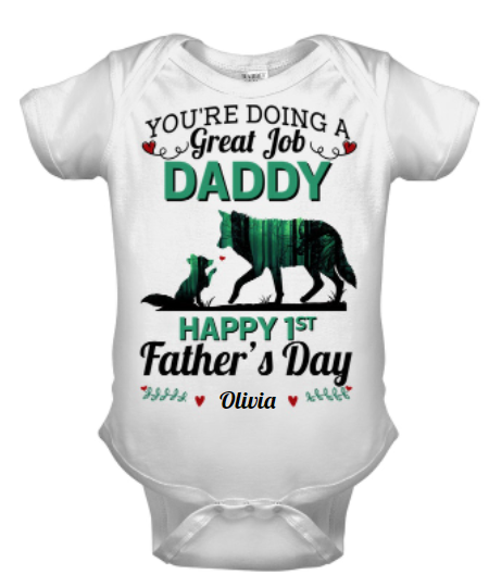 Personalized Baby Onesie For Newborn Baby Happy First Father's Day Cute Funny Old & Baby Wolf Print Custom Name