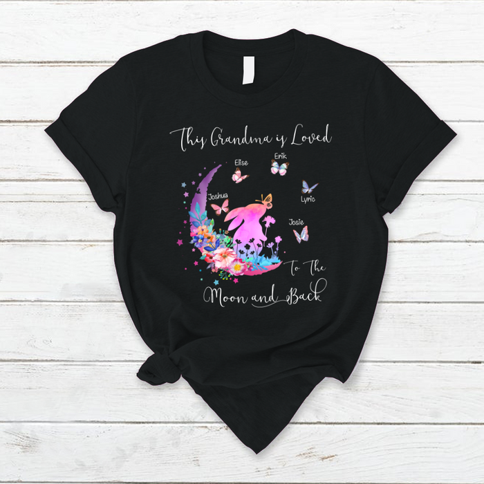 Personalized T-Shirt This Grandma Is Loved To The Moon And Back Bunny & Floral Crescent Moon Custom Grandkids Name