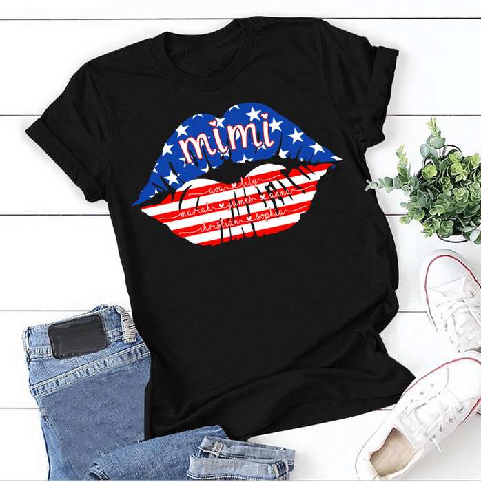 Personalized T-Shirt For Grandma Lips Printed USA Flag Design Custom Grandkids Name 4th Of July Shirt