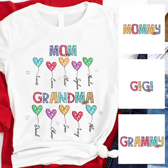 Personalized T-Shirt For Mom Grandma Colorful Heart Balloon Printed Custom Kids Grandkids Name Mothers Day Shirt