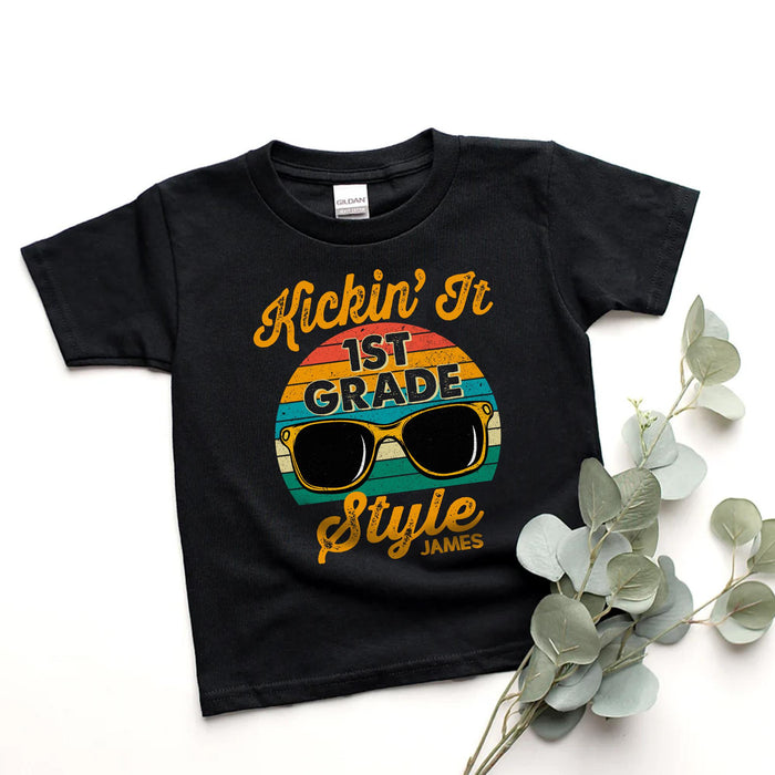 Personalized T-Shirt For Kid Kickin' It Vintage Colorful Stripes With Glasses Custom Name Back To School Outfit