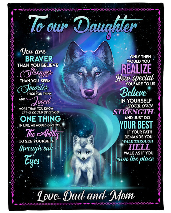 Personalized Blanket To My Daughter From Dad Old Wolf & Pups Under The Moon Star Night Background Custom Name