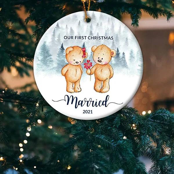 Personalized Ornament Gifts For Newlywed Our First Christmas Married Cute Bear Custom Name Tree Hanging On Anniversary