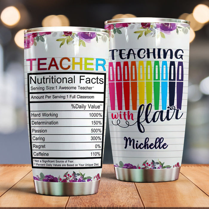 Personalized Tumbler For Teacher Flower Color Pen Teaching With Flairs 20oz Travel Cup Custom Name Back To School Gifts