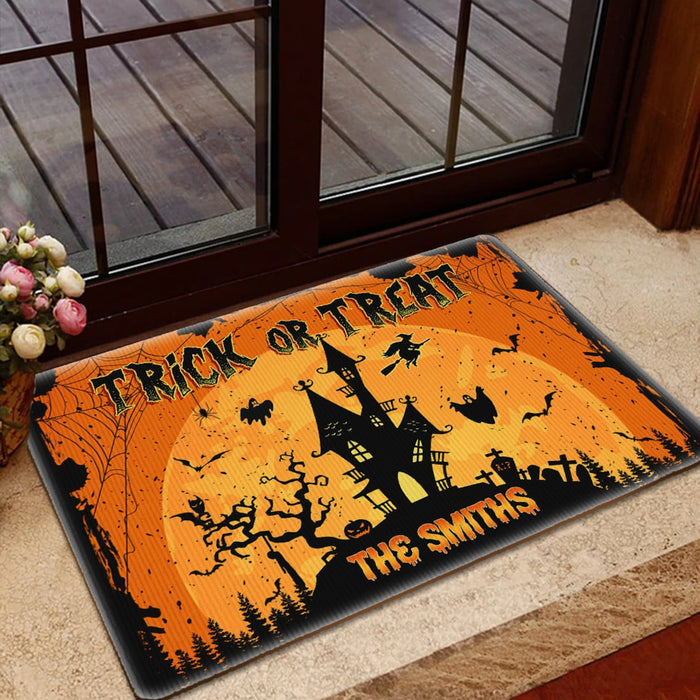 Personalized Welcome Doormat Trick Or Treat Mat Castle Flying Witch And Bat Printed Custom Family Name Halloween Doormat