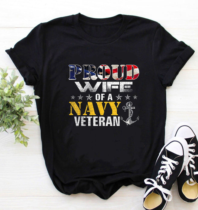 Classic T-Shirt For Women Proud Wife Of A Navy Veteran American Flag Military Shirt Anchor Printed Red White Blue Shirt