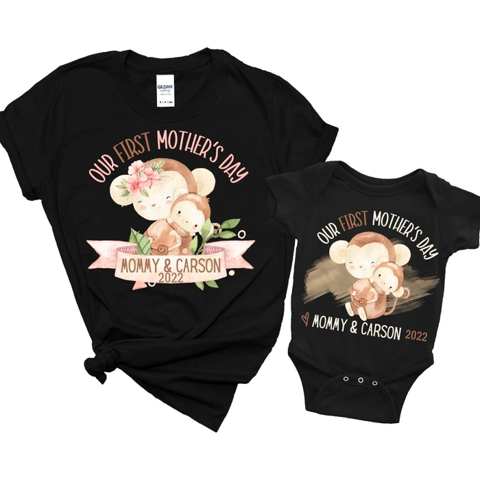 Personalized Matching T-Shirt & Baby Onesie Our First Mother'S Day Cute Monkey With Beautiful Flowers Custom Name