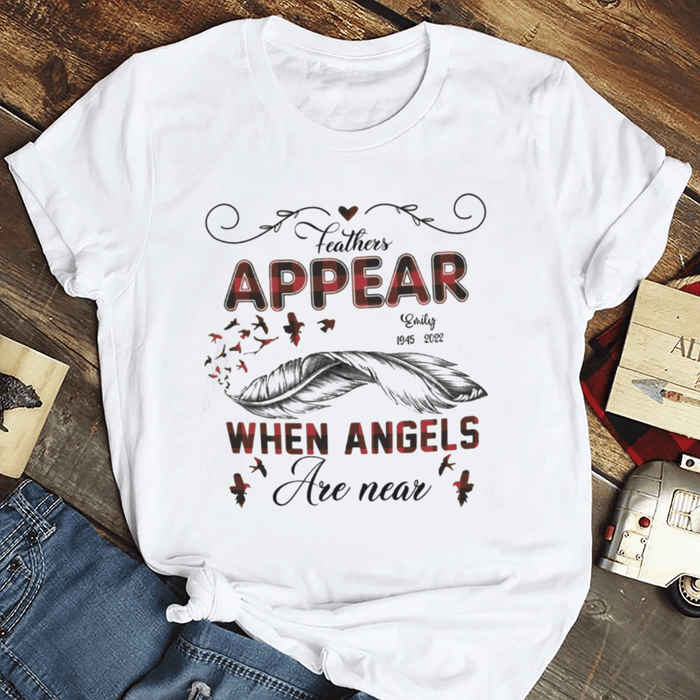 Personalized Memorial T-Shirt For Loss Of Loved Ones When Angles Are Near Red Plaid Custom Name Remembrance Gifts