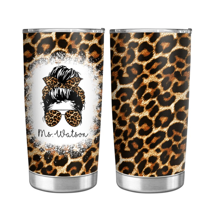 Personalized Tumbler For Teacher Leopard Messy Bun Hair Woman Custom Name 20oz Travel Cup Gifts For Back To School