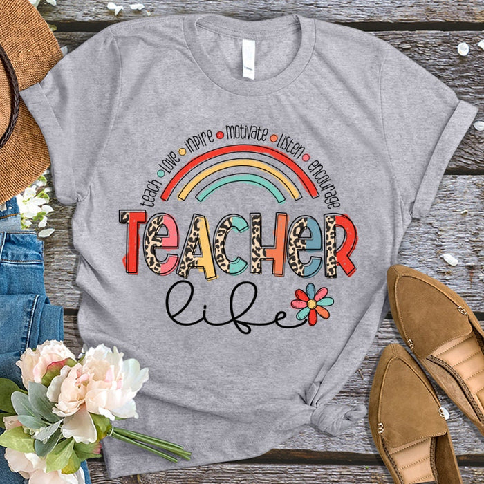 Personalized T-Shirt For Teacher Teach Love Inspire Rainbow Teacher Life Custom Title Shirt Gifts For Back To School