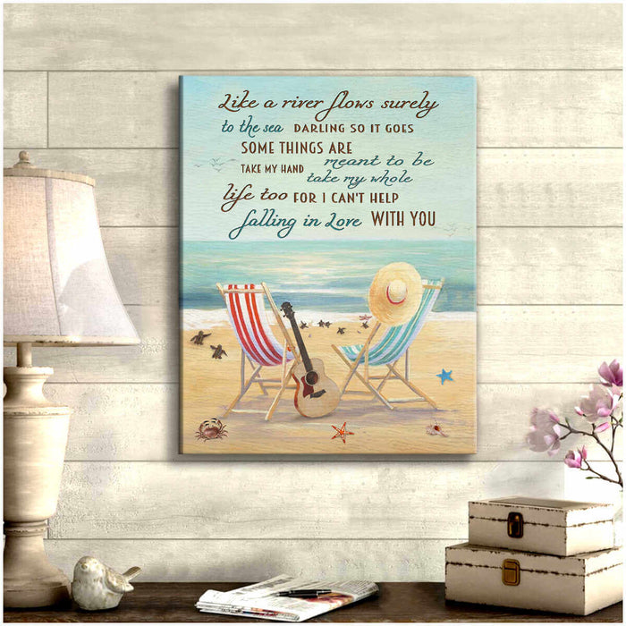 Matte Canvas For Couple Like A River Flows Surely To The Sea Two Chairs On The Beach Turtle Starfish Printed Canvas