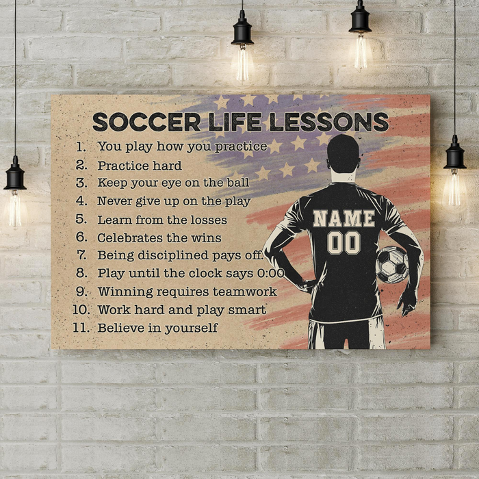 Personalized Soccer Life Lessons Poster Canvas For Soccer Overs Print Us Flag & Male Player Custom Name & Number