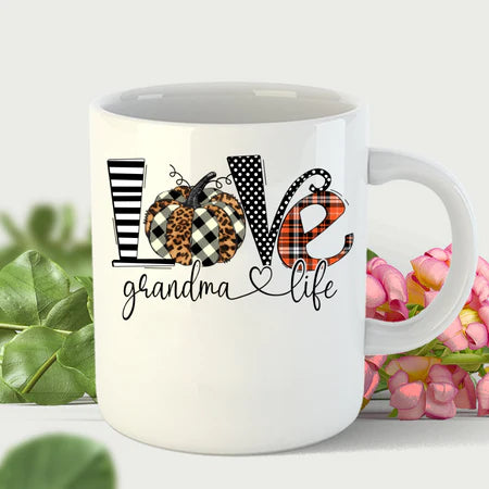Personalized Coffee Mug Gifts For Grandma Pumpkin Love Nana Life Heart Custom Grandkids Name Thanksgiving White Cup