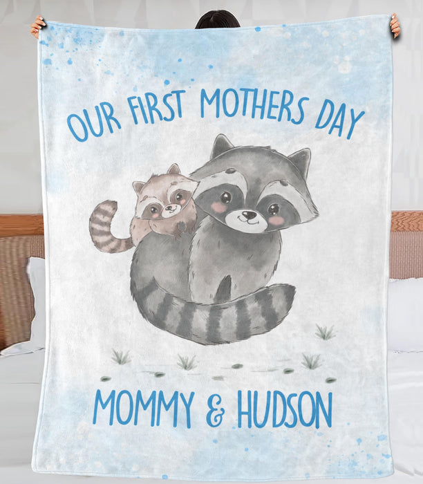 Personalized Premium Blue Blanket For New Mom Our First Mother'S Day Mommy & Son Cute Raccoon Printed Custom Name