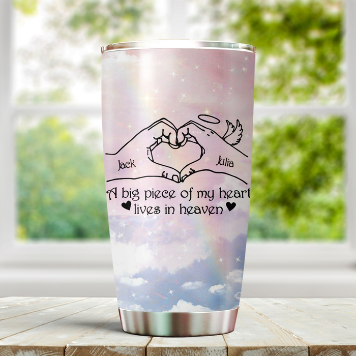 Personalized Memorial Tumbler For Loss Of Wife Husband Big Piece Of Heart Lives In Heaven Custom Name Travel Cup
