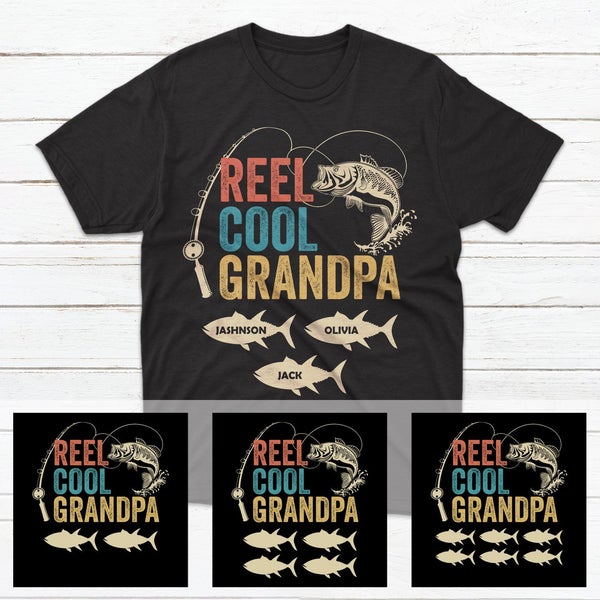 Personalized T-Shirt For Fishing Lovers Reel Cool Grandpa Fishing Rod & Big Fish Printed Custom Grandkids Name