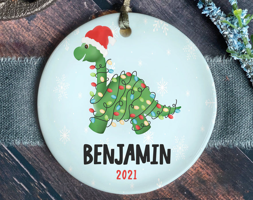 Personalized Circle Ornament For Baby Cute Dinosaur With Santa Hat & Xmas Lights Printed Custom Name & Year