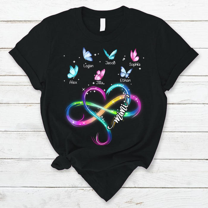 Personalized T-Shirt For Grandma Colorful Heart With Infinity Symbol & Butterfly Printed Custom Grandkids Name