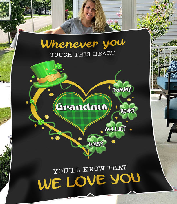 Personalized Blanket For Grandma For Patricks Day Heart With 4 Leaf Clover Custom Title & Grandkids Name