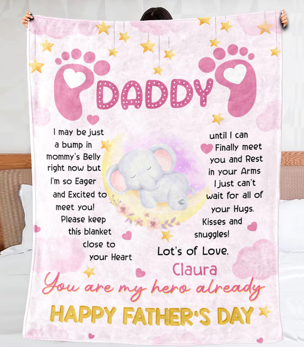 Personalized Fleece Sherpa Blanket From Baby Girl To Soon To Be Dad Cute Elephant I Just Can't Wait For 1st Fathers Day