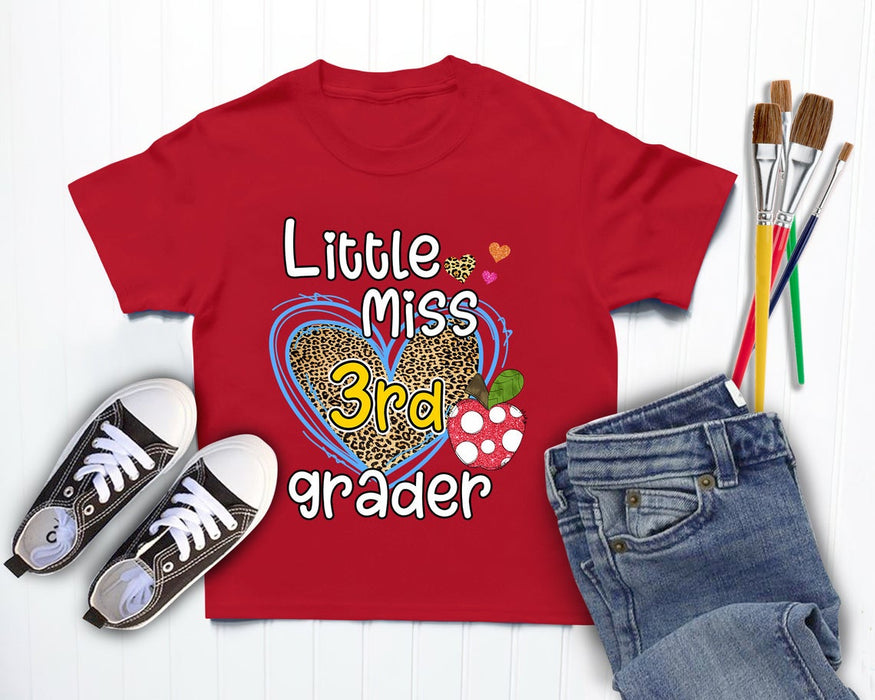 Personalized T-Shirt For Kids Little Miss 3rd Grade Leopard Heart Apple Printed Custom Grade Level Back To SchooL Outfit