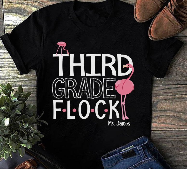 Personalized T-Shirt For Teacher Third Grade Flock Pink Flamingo Printed Custom Name Back To School Outfit