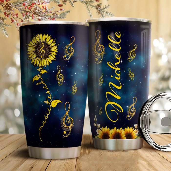 Personalized Travel Cup For Music Teacher Sunflowers Music Note 20oz Funny Tumbler Custom Name Back To School Gifts