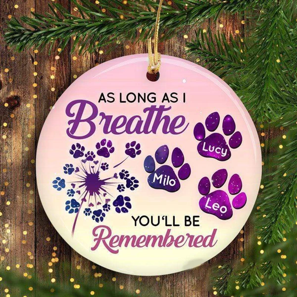 Personalized Memorial Ornament As Long As I Breathe You'll Be Remembered Dog Paws Printed Custom Dog's Name