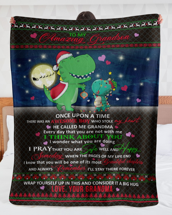 Personalized To My Grandson Blanket From Grandma Grandpa Cute Dinosaur Moon Reindeers Custom Name Gifts For Christmas