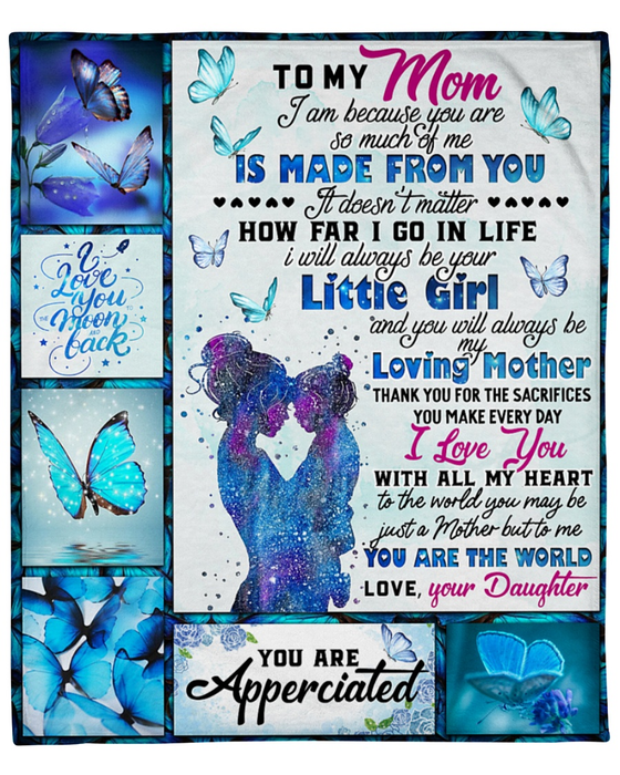 Personalized Sherpa Blanket To My Mom I Am Because You Are Blue Butterfly Print Custom Name Fleece Blankets