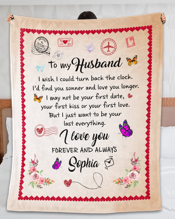 Personalized To My Husband Air Mail Blanket From Wife I Wish I Could Turn Back The Clock Flower & Butterfly Printed