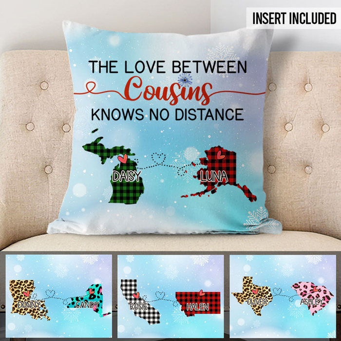 Personalized Square Pillow For Cousins Snowflakes The Love No Distance Custom Name Sofa Cushion Birthday Gifts