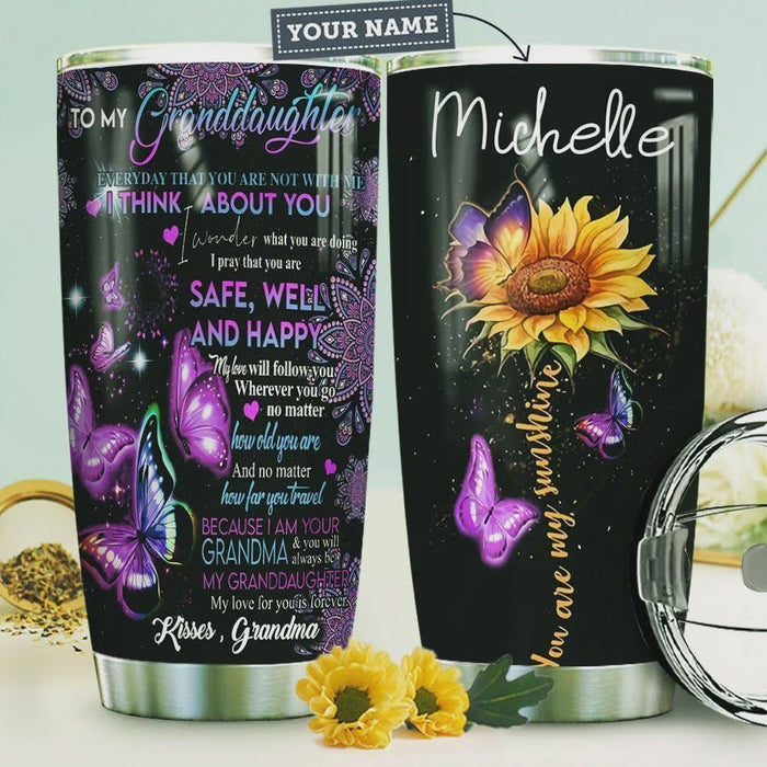 Personalized Tumbler To Granddaughter Gifts From Grandparents Sunflower Mandala Butterflies Custom Name Travel Cup 20oz