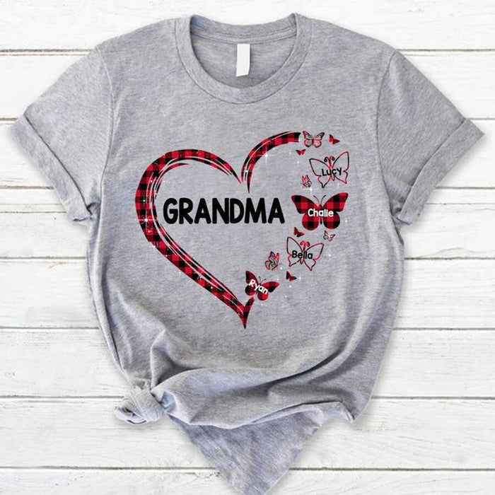 Personalized T-Shirt For Grandma Red Plaid Heart With Butterfly Printed Custom Grandkids Name Mothers Day Shirt